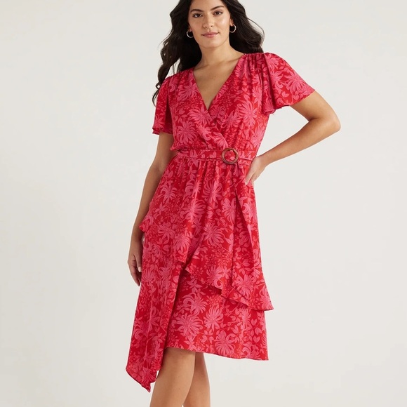 Women's Large Red Pink Floral Wrap Midi Dress Cutout V Neck Tropical Vacation - Picture 1 of 7